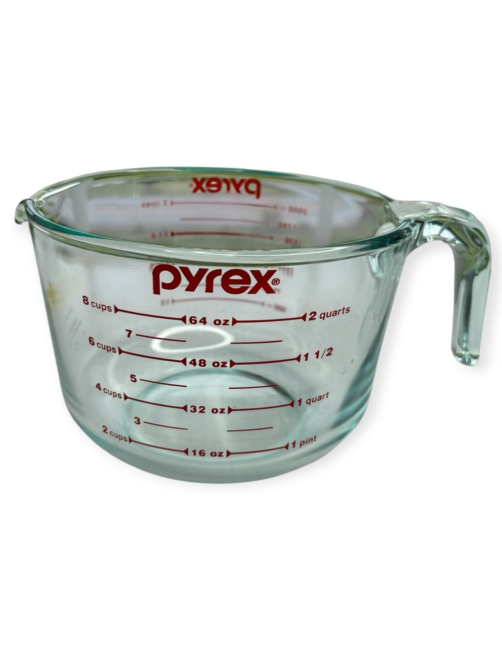 PYREX Red Lettering
Vintage Glass 8 Cup 64 oz  2 Liters Measuring Cup Bowl